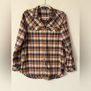 L.L. Bean Women’s Cabin Stretch Flannel Shirt, Blue/Beige/Red Plaid, sz M